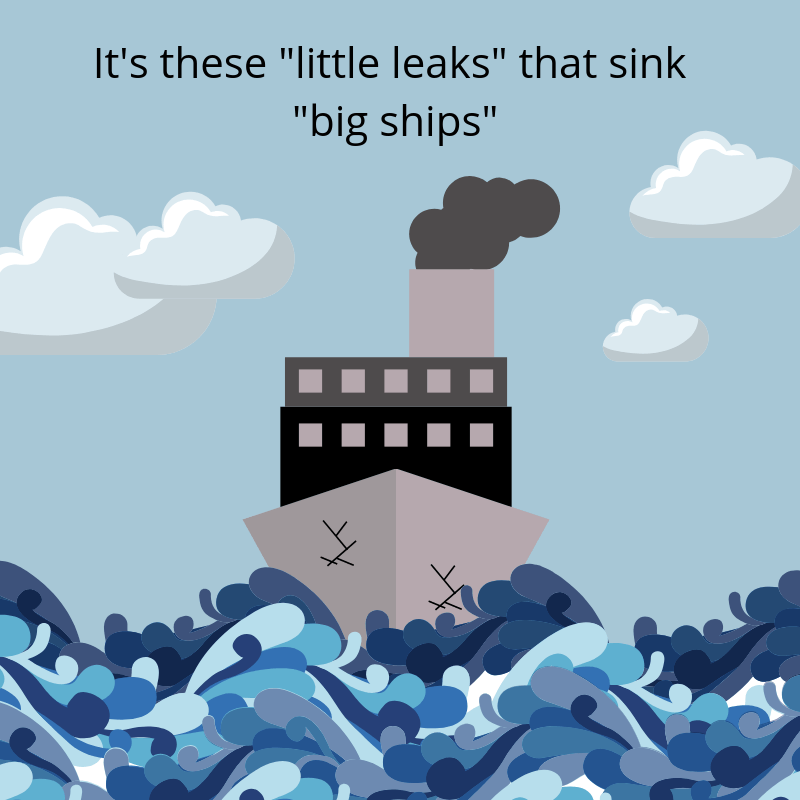 Illustration of ship with cracks in ocean with a quote above that says "It's these 'little leaks' that sink 'big ships'"