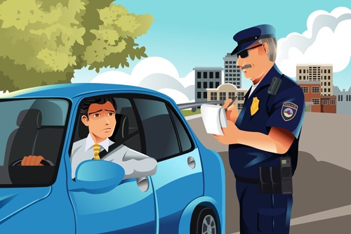 Illustration of a man in a car being written a ticket by a police man
